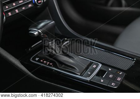 Novosibirsk, Russia - April 25 2021: Kia Optima, Automatic Gear Stick Of A Modern Car. Modern Car In