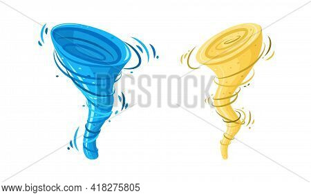 Whirlwind Sandstorm And Whirlpool Tsunami. Dust Storm And Water Vortex Isolated In White Background.