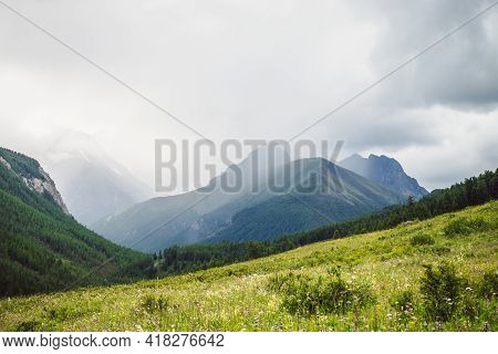 Dramatic Vivid Mountain Landscape With Green Forest Under Pointed Peak Among Rainy Low Clouds. Sceni