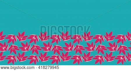 Blossoming Wild Flowers Seamless Pattern On Turquoise Border Print