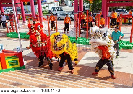 Lion Dance Show In Chinese New Year Festival On 1St Day Chinese New Year