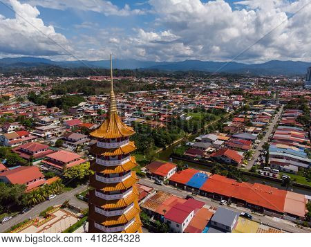 Aerial View Image Of Chinese Temple Peak Nam Toong Pagoda Located In The City Of Kota Kinabalu, Saba