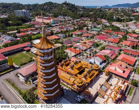 Aerial View Image Of Chinese Temple Peak Nam Toong Pagoda Located In The City Of Kota Kinabalu, Saba
