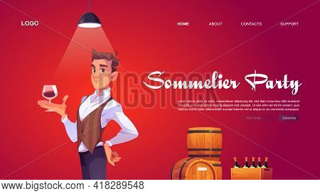 Sommelier Party Website With Man Holding Wineglass. Banner Of Tasting Alcohol Drinks In Winery Bar O
