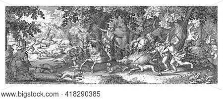 Men on horseback and on foot hunt four pigs with spears and an ax. Dogs drive the animals further. One of the dogs is injured or dead on the ground.