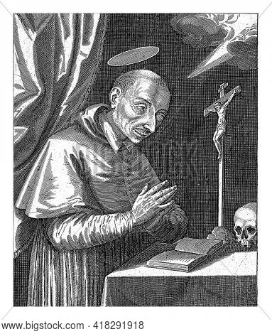 Saint Charles Borromeo, Archbishop of Milan, canonized in 1610. He is standing in front of a table and reading a Bible. On the table a bible, a crucifix and a skull.
