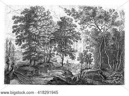 From a series of six. A brook that flows through the forest, two hikers and a church tower in the distance.