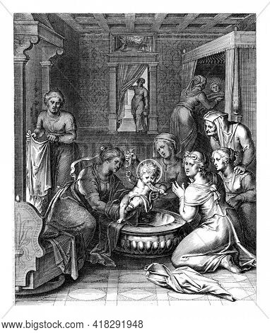Little Thomas is given a bath after birth but does not want to let go of a paper with the text Ave Maria. Because the virgin wants to take the paper away from him, he eats it.