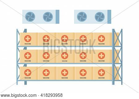 Coronavirus Vaccine Storage Room With Cold Temperature. Warehouse With Covid Vaccines. Anti Virus Ca