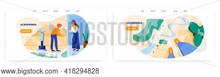 Acrophobia Landing Page Design, Website Banner Vector Template Set. Man Experiencing Panic Because O