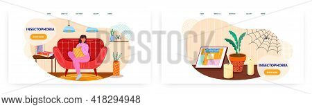Insectophobia Landing Page Design, Website Banner Vector Template Set. Woman Experiencing Fear Of In