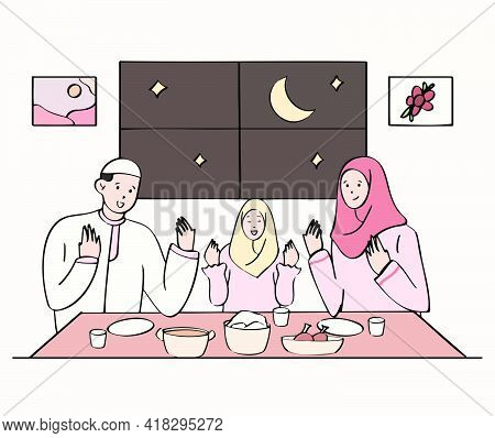 Muslim Family Praying Before Iftar Or Break The Fast. Ramadan Kareem Hand Drawn Style Illustration C