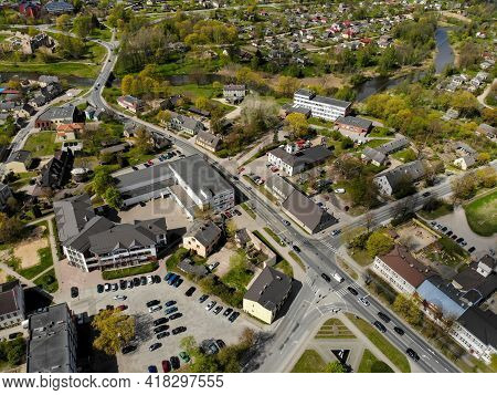 View From Above Of The Dobele City, City Center Buildings, Streets And Parks, Zemgale Region, Latvia