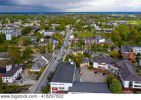 View From Above Of The Dobele City, City Center Buildings, Streets And Parks, Zemgale Region, Latvia