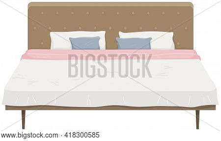 Double Wooden Bed In Flat Design For Bedroom, Hotel Room. Cartoon Furniture Icon Isolated On White B