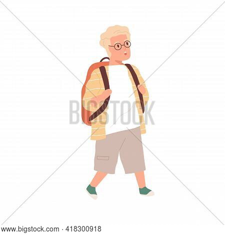 Surprised And Shocked Boy Walking And Staring At Smth With Open Mouth. Amazed Child With Funny Face 