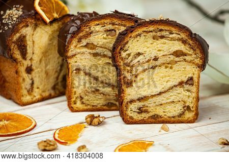 Panettone Is The Traditional Italian Dessert For Easter In 2021. Homemade Panettone Covered In Choco