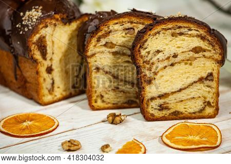 Panettone Is The Traditional Italian Dessert For Easter In 2021. Homemade Panettone Covered In Choco