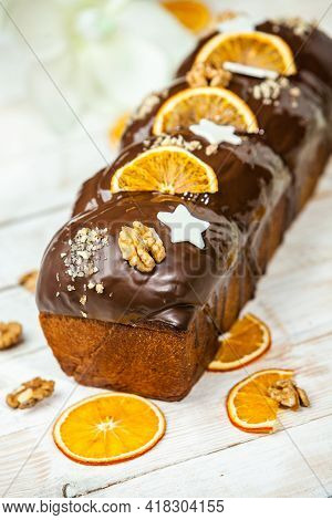 Panettone Is The Traditional Italian Dessert For Easter In 2021. Homemade Panettone Covered In Choco