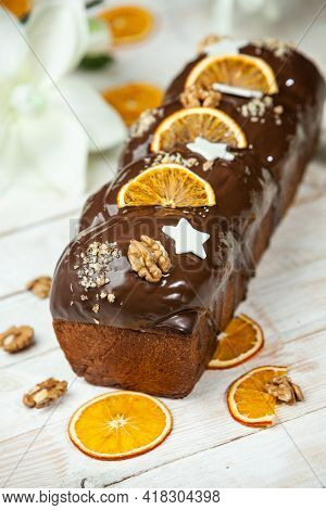 Panettone Is The Traditional Italian Dessert For Easter In 2021. Homemade Panettone Covered In Choco