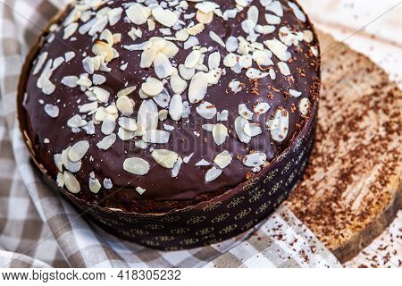 Panettone Is The Traditional Italian Dessert For Easter In 2021. Homemade Panettone Covered In Choco