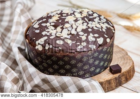 Panettone Is The Traditional Italian Dessert For Easter In 2021. Homemade Panettone Covered In Choco