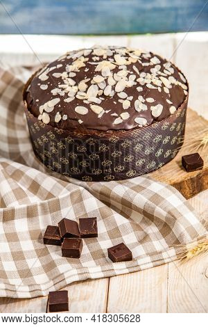 Panettone Is The Traditional Italian Dessert For Easter In 2021. Homemade Panettone Covered In Choco