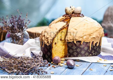 Panettone Is The Traditional Italian Dessert For Easter In 2021. Homemade Panettone Covered In Choco