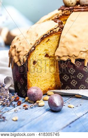 Panettone Is The Traditional Italian Dessert For Easter In 2021. Homemade Panettone Covered In Choco
