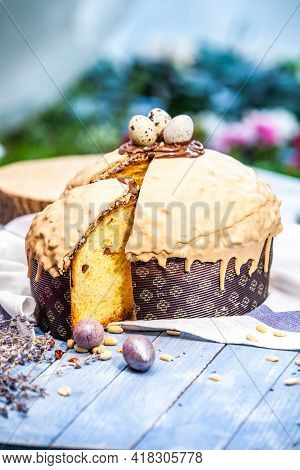 Panettone Is The Traditional Italian Dessert For Easter In 2021. Homemade Panettone Covered In Choco