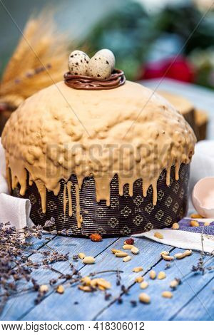 Panettone Is The Traditional Italian Dessert For Easter In 2021. Homemade Panettone Covered In Choco