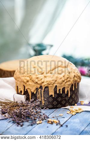 Panettone Is The Traditional Italian Dessert For Easter In 2021. Homemade Panettone Covered In Choco