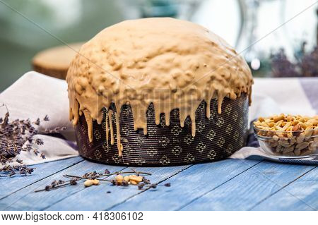 Panettone Is The Traditional Italian Dessert For Easter In 2021. Homemade Panettone Covered In Choco