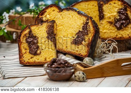Panettone Is The Traditional Italian Dessert For Easter In 2021. Homemade Panettone Covered In Choco