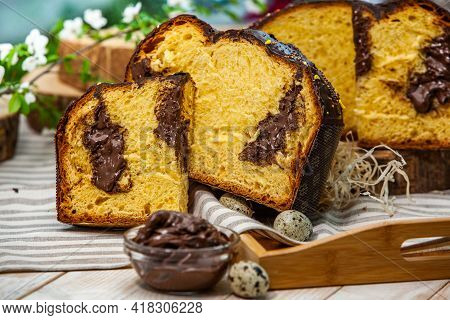 Panettone Is The Traditional Italian Dessert For Easter In 2021. Homemade Panettone Covered In Choco