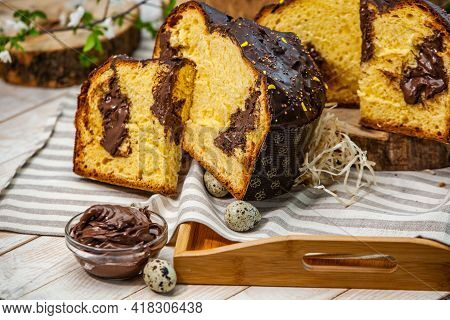 Panettone Is The Traditional Italian Dessert For Easter In 2021. Homemade Panettone Covered In Choco
