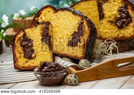 Panettone Is The Traditional Italian Dessert For Easter In 2021. Homemade Panettone Covered In Choco