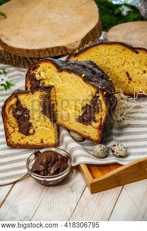 Panettone Is The Traditional Italian Dessert For Easter In 2021. Homemade Panettone Covered In Choco