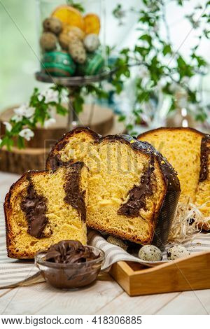 Panettone Is The Traditional Italian Dessert For Easter In 2021. Homemade Panettone Covered In Choco
