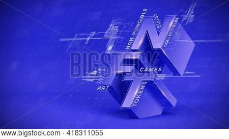 NFT concept. NFT - nonfungible tokens on blue background. 3d rendering