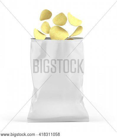 Blank open snack white package bag. Chips packaging isolated on white beckground. 3d rendering mockup template