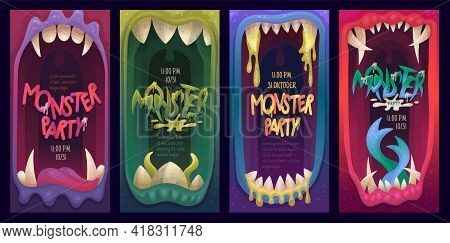 Posters For Monster Party With Terrible Mouths With Tongues And Sharp Teeth.