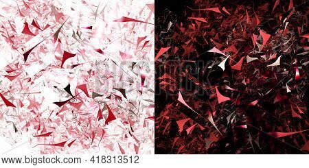 Red, Black, White Geometric Fragments Are Randomly Scattered On White And Black Backgrounds. Two Bac