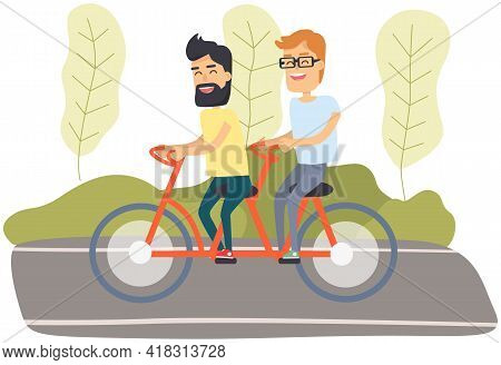 Boys In Tandem Pedal. Guys On Bicycle For Two Are Riding Together, Active Rest. People Walking And T