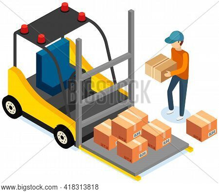 Driver Looks At Forklift With Boxes, Carriage Of Cardboard Containers With Parcels Inside. Forklift 