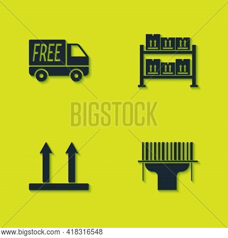 Set Free Delivery Service, Scanner Scanning Bar Code, This Side Up And Warehouse Icon. Vector