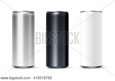 Blank White, Silver, Black Beer Or Soda Can Set. 3d Aluminium Or Tan Mockup Vector Illustration. Ene