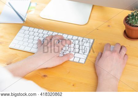 Workspace Of An Office Employee And Female Hands On The Keyboard. Monitor, Mouse, Notebook, Plant