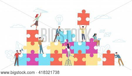 Puzzle Teamwork. Little People With Big Puzzle Pieces, Colleagues Cooperation, Working Collaboration