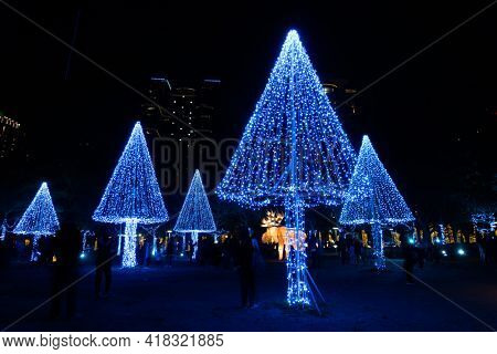 Taichung City, Taiwan - Feb 23rd, 2020: lantern festival with tourists and lanterns at Wen-Xin Forest Park in Taichung City, Taiwan, Asia